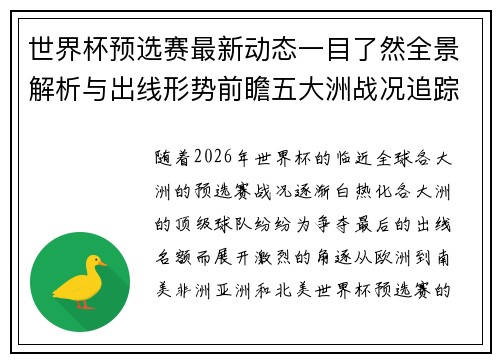 世界杯预选赛最新动态一目了然全景解析与出线形势前瞻五大洲战况追踪