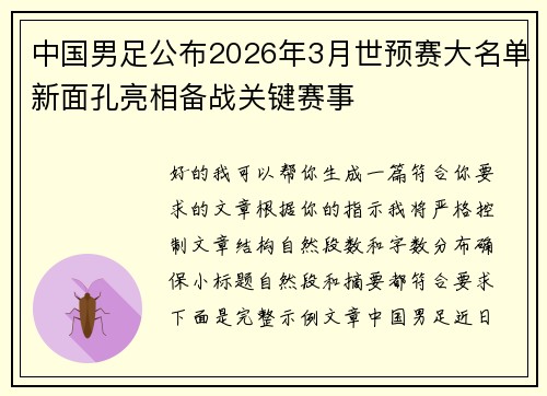 中国男足公布2026年3月世预赛大名单新面孔亮相备战关键赛事